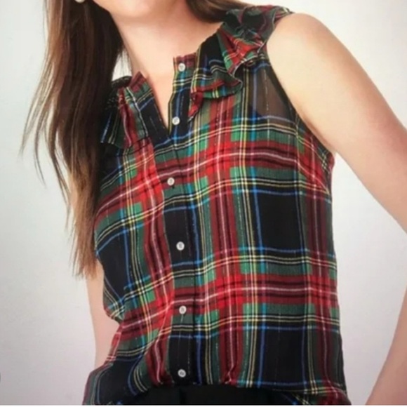 J. Crew Tops - J. Crew Tartan Plaid Ruffle Neckline Sleeveless Top